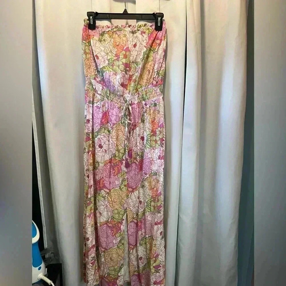Jessica Simpson Pink Floral Strapless Blouson Front Slit Maxi Flowy Dress large - Picture 1 of 5